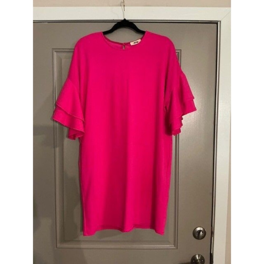 First Love "Eyes on Me" Hot Pink Boutique Shift Dress Sz L NWT Flutter Sleeves